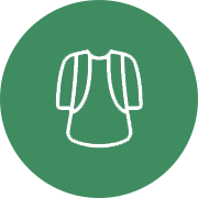 White outline of a jacket on a green circular background.