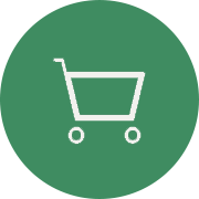 A simple shopping cart icon on a green circular background.