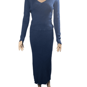 Woman wearing a long blue dress with long sleeves.