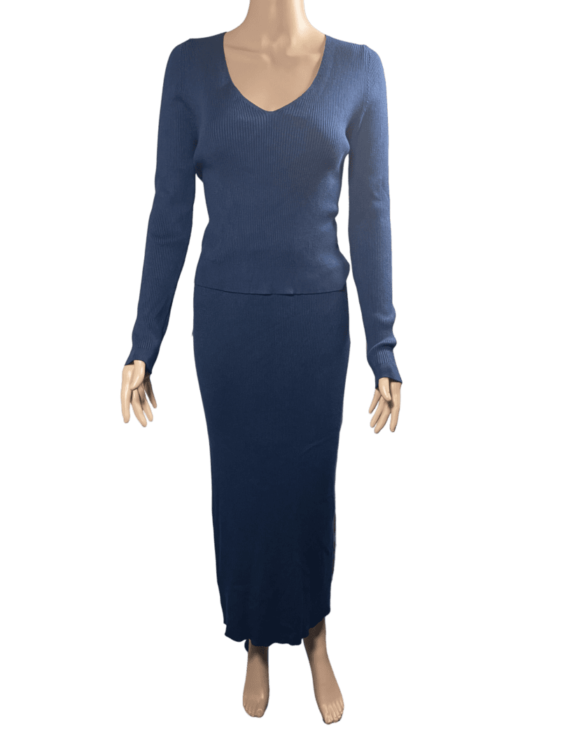 Woman wearing a long blue dress with long sleeves.
