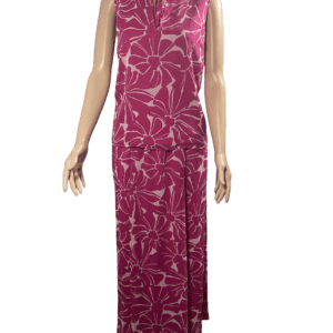 Sleeveless pink maxi dress with white leaf pattern.