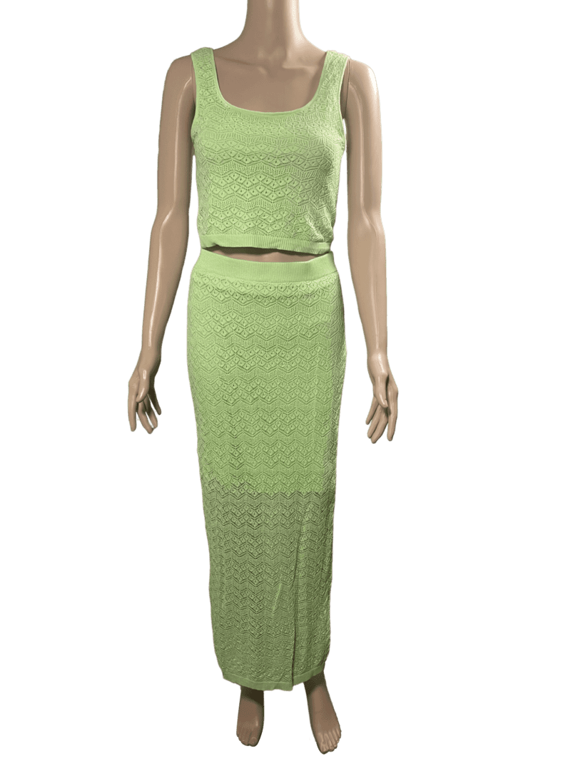 Green sleeveless crop top with matching long skirt.