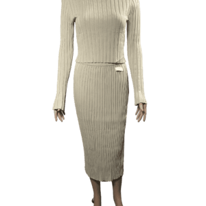 Beige ribbed knit dress with long sleeves and a midi length.