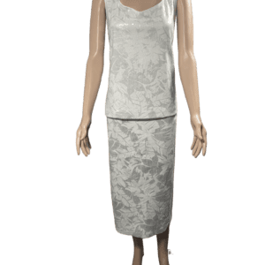 Elegant silver velvet sleeveless dress with a fitted silhouette.