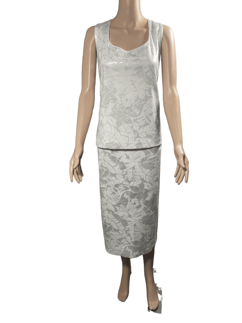 Elegant silver velvet sleeveless dress with a fitted silhouette.