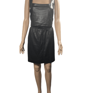 Black leather mini dress with a sleeveless design.