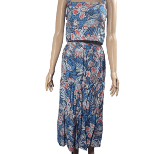 Sleeveless floral maxi dress with a belted waist.