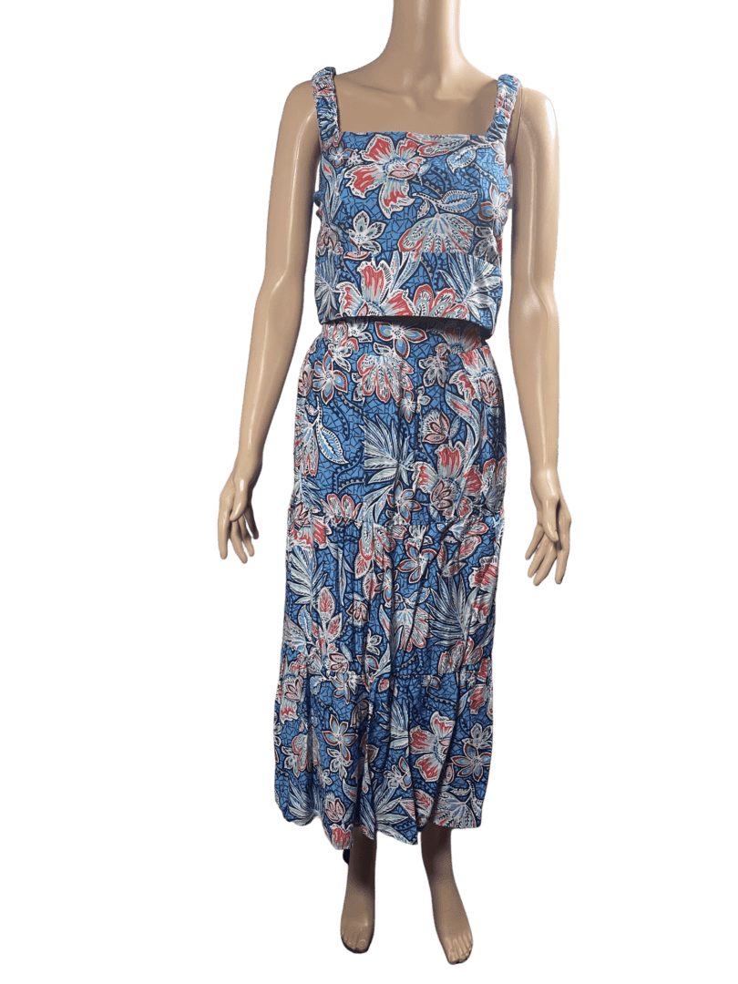 Sleeveless floral maxi dress with a belted waist.