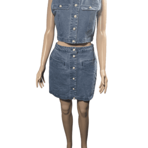 Denim sleeveless top and skirt outfit with button details.