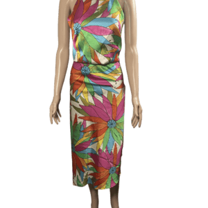 Colorful floral sleeveless dress on mannequin.