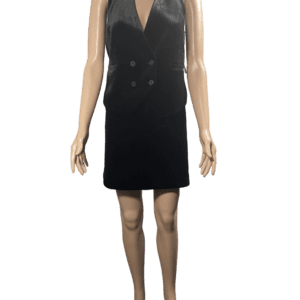 A sleeveless black dress with a deep V-neckline.