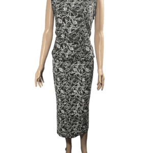 Sleeveless gray and black patterned midi dress on a mannequin.
