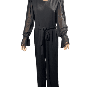 Elegant black jumpsuit with sheer puff sleeves and waist tie.