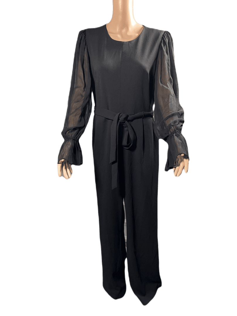 Elegant black jumpsuit with sheer puff sleeves and waist tie.