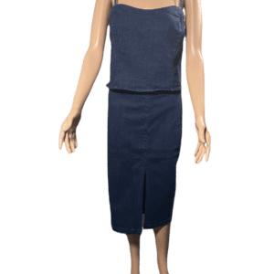 Navy blue sleeveless dress with a straight skirt and a slit in the front.