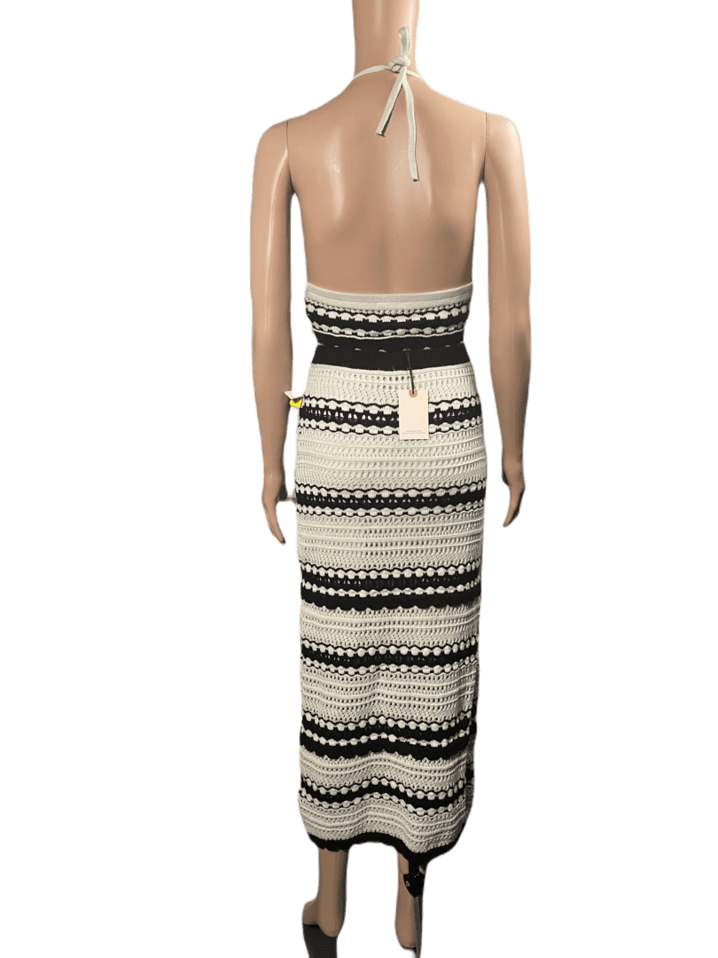 Back view of a person wearing a black and white striped maxi skirt.