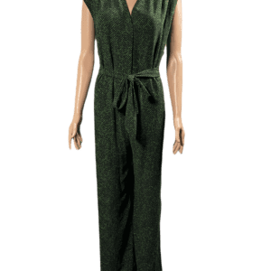Sleeveless dark green jumpsuit with a waist tie.