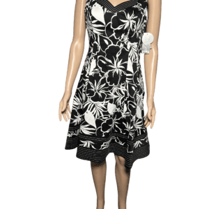 Black and white floral sleeveless dress with a fitted waist.