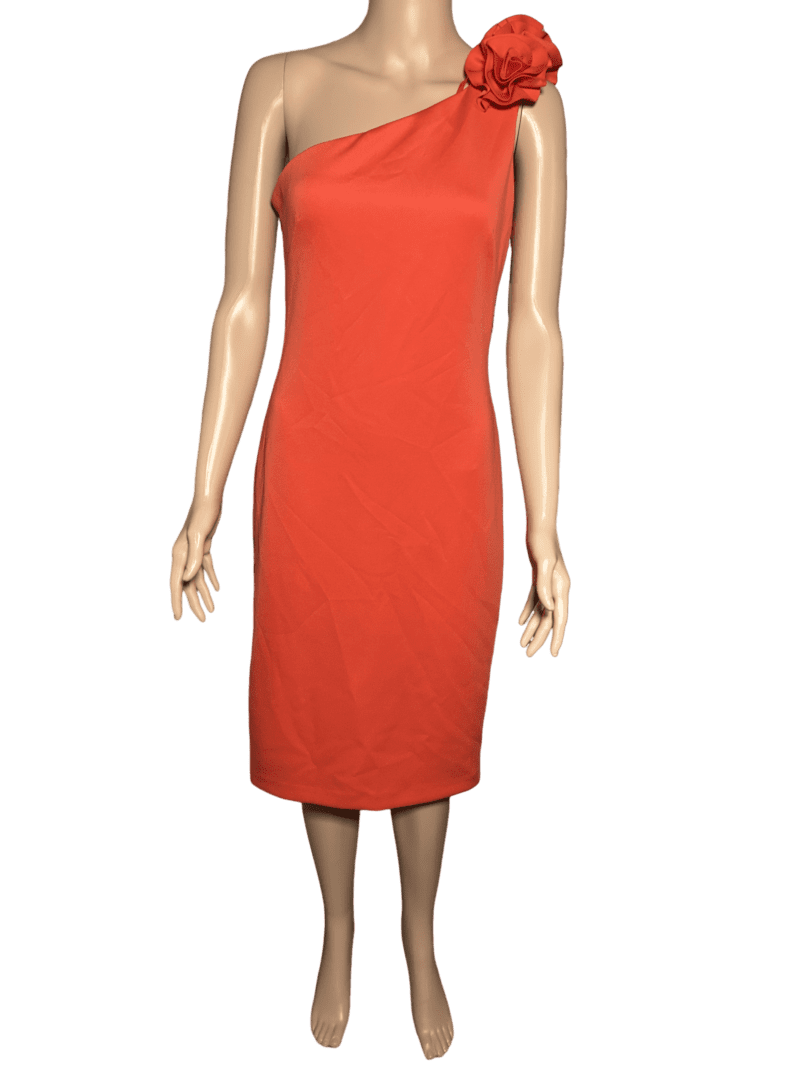 Sleeveless, knee-length red dress with a fitted silhouette.