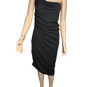 Elegant black strapless ruched midi dress on mannequin.