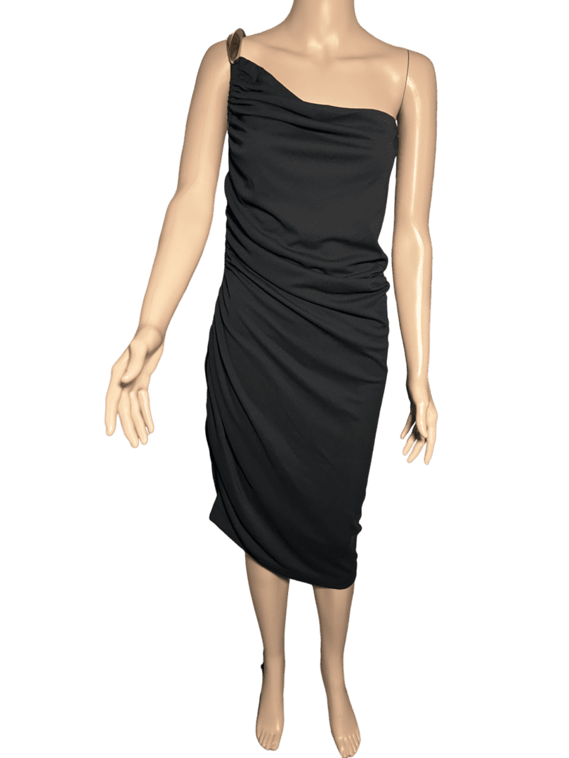 Elegant black strapless ruched midi dress on mannequin.