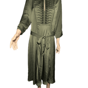 Elegant olive green dress with long sleeves and intricate front details.