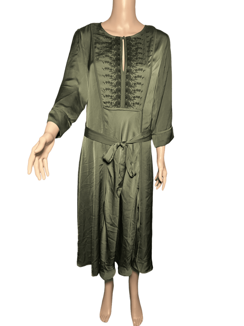 Elegant olive green dress with long sleeves and intricate front details.