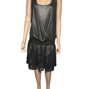 A sleeveless black dress with a draped top and layered skirt.