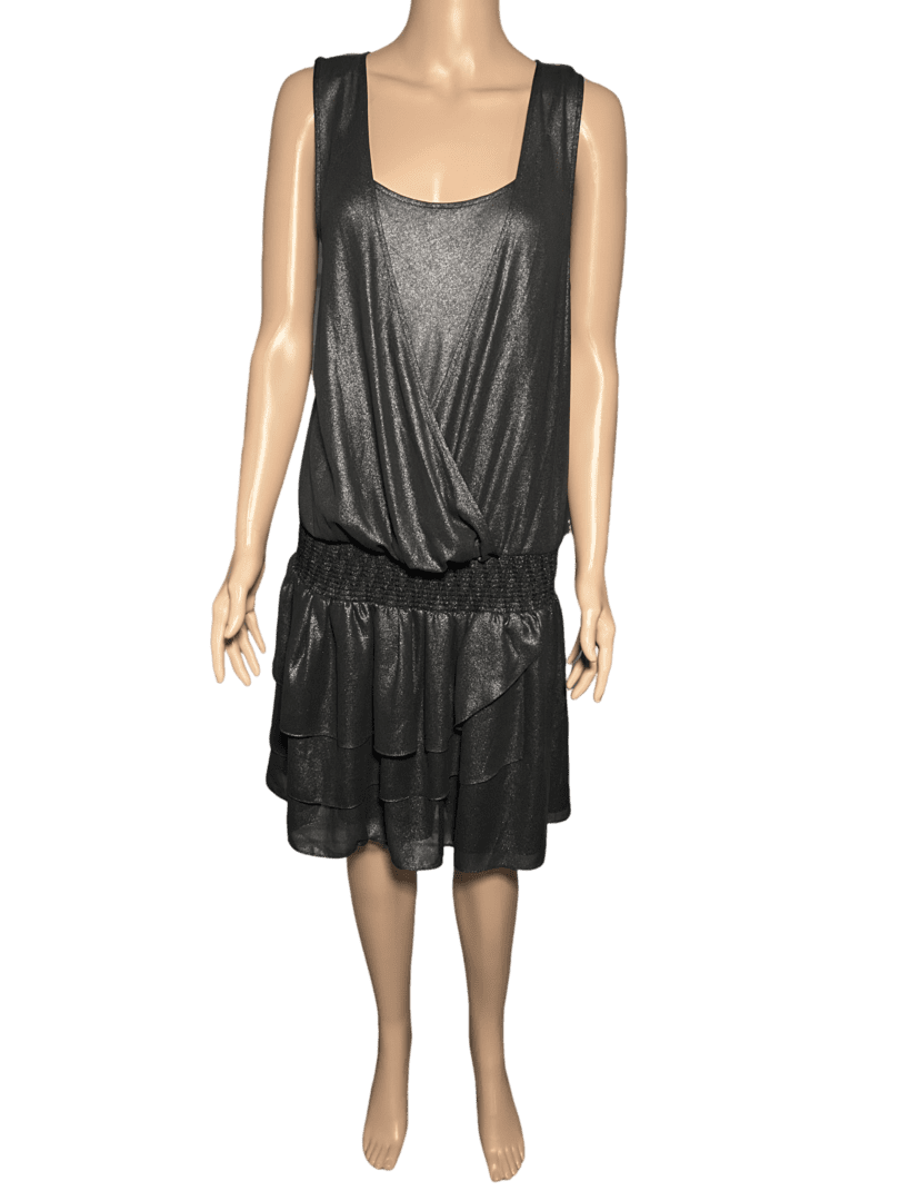 A sleeveless black dress with a draped top and layered skirt.