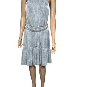 A sleeveless, knee-length gray dress with a cinched waist worn by a mannequin.