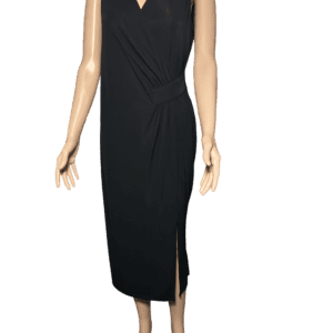 Elegant sleeveless black midi dress with a wrap design.