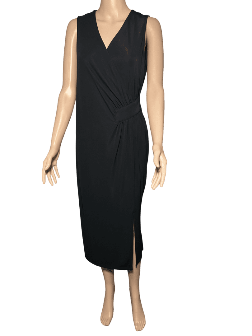Elegant sleeveless black midi dress with a wrap design.