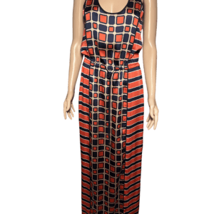 Sleeveless maxi dress with geometric patterns in orange and navy blue.