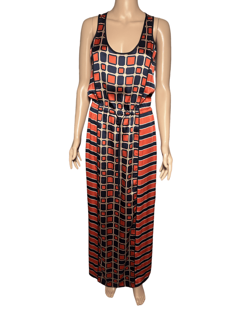 Sleeveless maxi dress with geometric patterns in orange and navy blue.