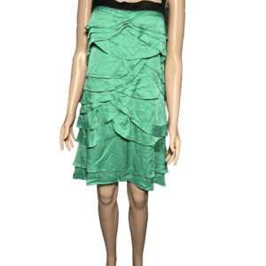 Green strapless dress with layered ruffles on a mannequin.