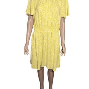 Yellow knee-length dress with puff sleeves and cinched waist.