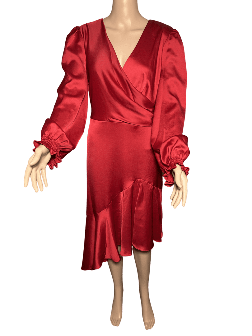 A red satin wrap dress with long sleeves and ruffle details on the cuffs and hem.