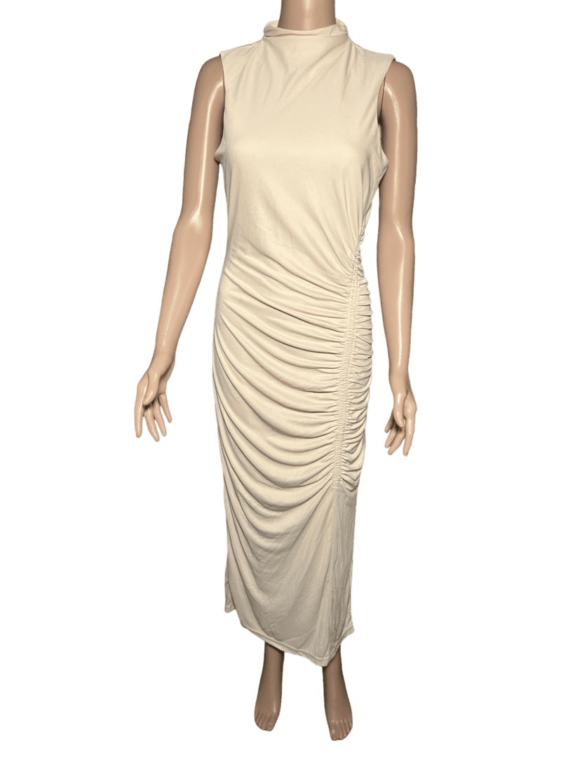 Elegant beige ruched midi dress on mannequin.
