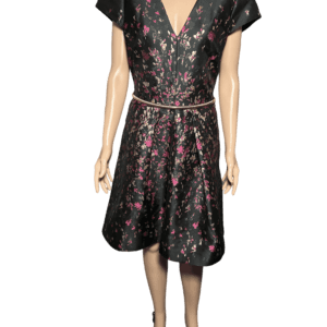 Black floral wrap dress with short sleeves and a cinched waist.