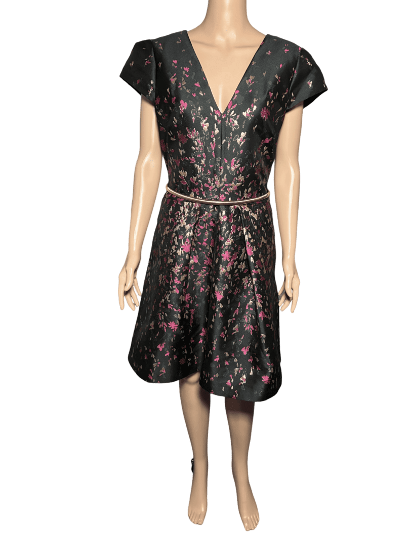 Black floral wrap dress with short sleeves and a cinched waist.