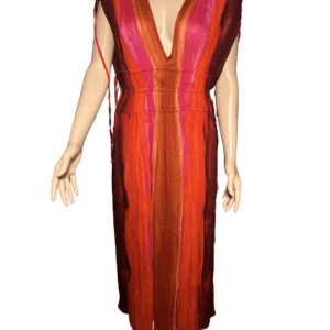 A sleeveless dress with red and pink vertical stripes.