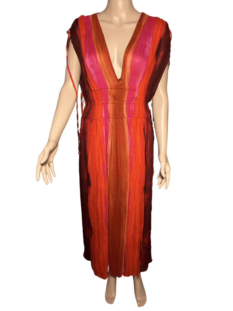 A sleeveless dress with red and pink vertical stripes.