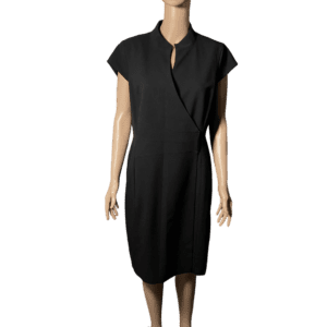 Sleeveless black midi dress with a wrap-style neckline.
