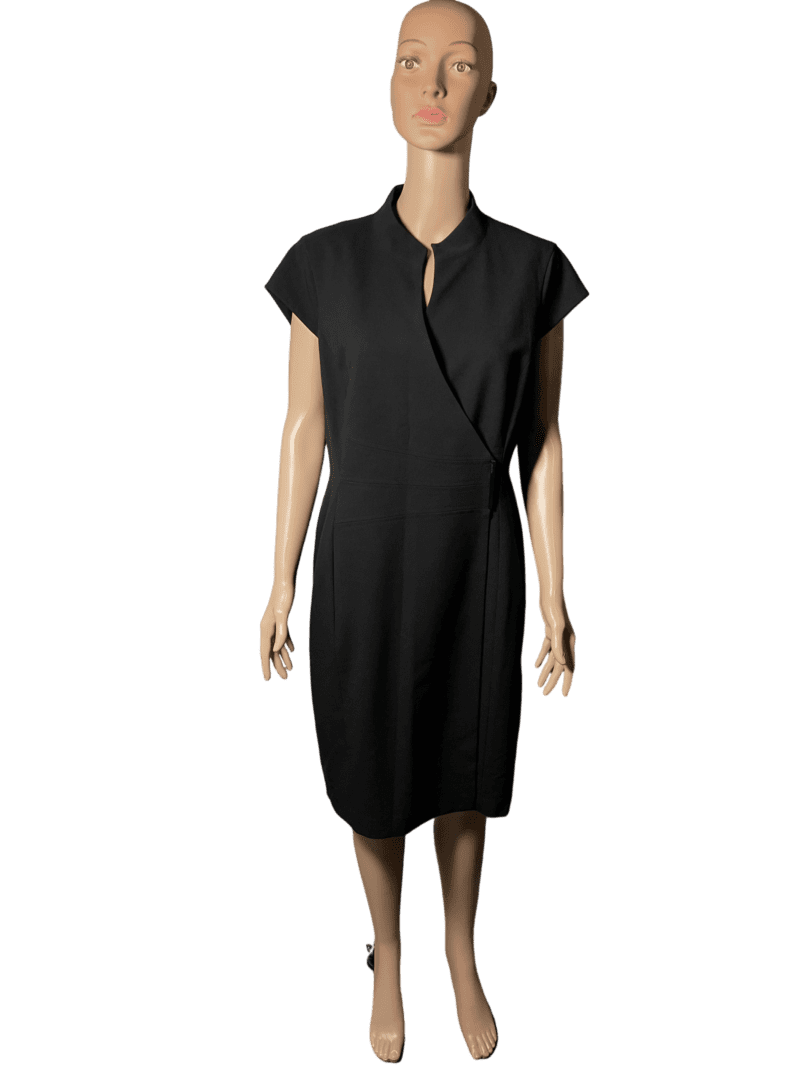 Sleeveless black midi dress with a wrap-style neckline.
