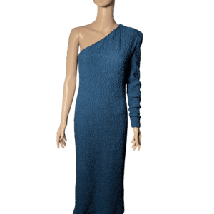 A mannequin wearing a one-shoulder, long-sleeve blue dress.