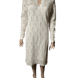 White lace long-sleeve midi dress with a V-neck.