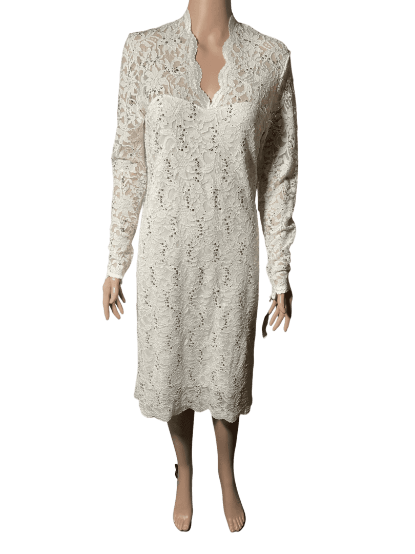White lace long-sleeve midi dress with a V-neck.