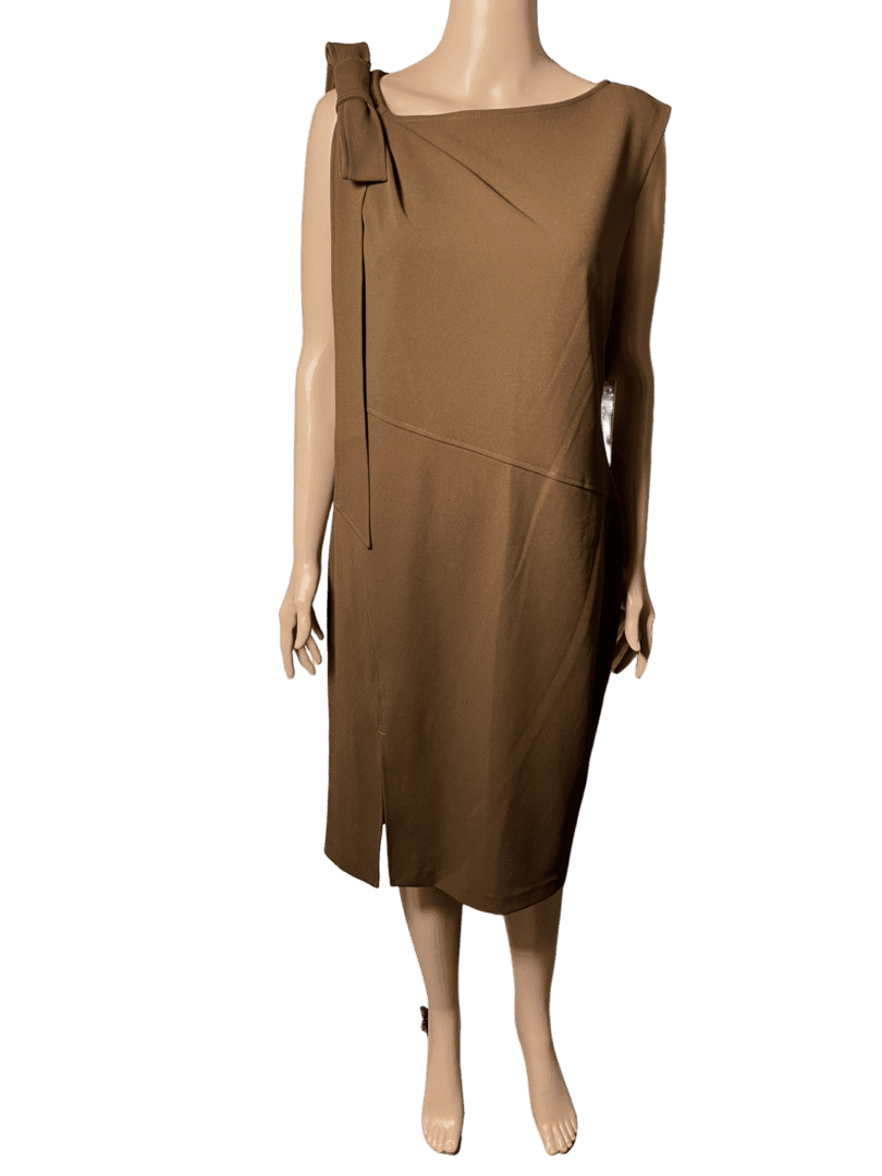 Brown sleeveless midi dress on a mannequin.