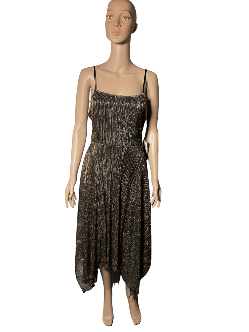 A sleeveless, knee-length, shimmery dark dress on a mannequin.