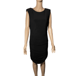 Sleeveless black dress with ruched skirt detail.